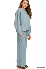 Zenana Ribbed Round Neck Pullover and Drawstring Pants Set OutfitFlow