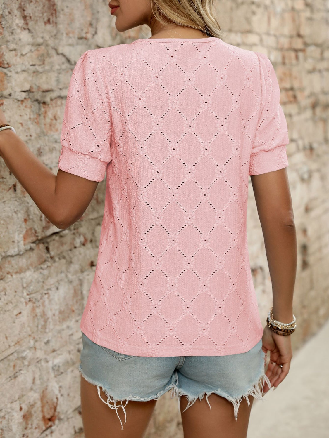Eyelet Round Neck Short Sleeve Top OutfitFlow