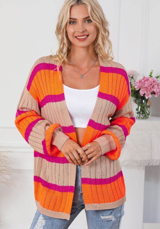 Outfit Flow - Contrast Striped Drop Shoulder Open Front Cardigan