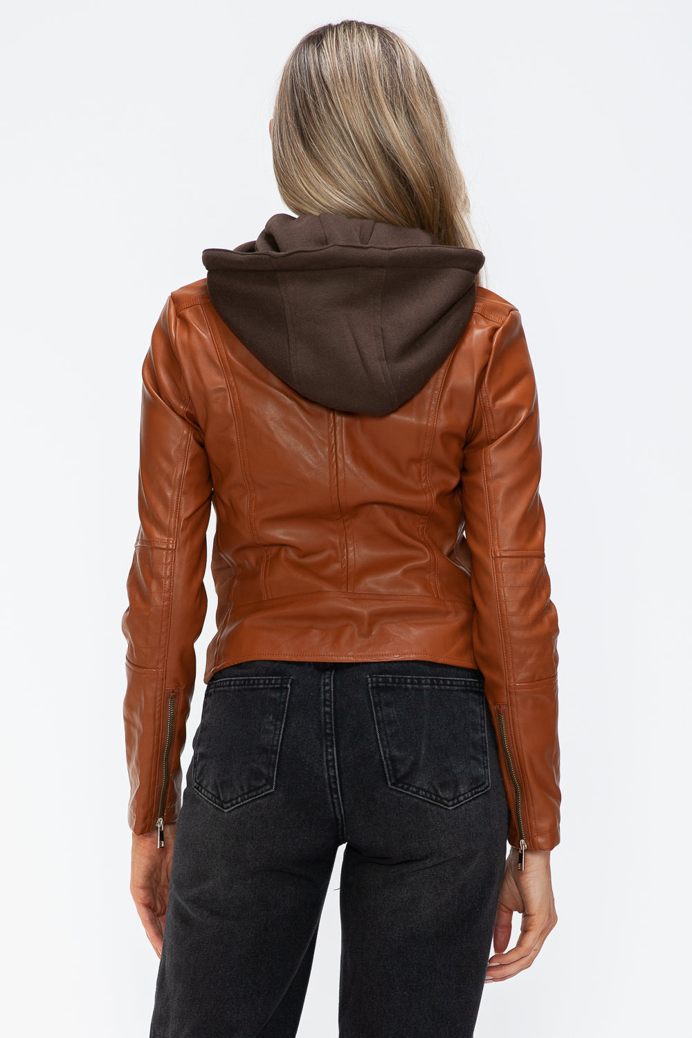 Outfit Flow - Snobbish Faux Leather Zip Up Drawstring Hooded Jacket