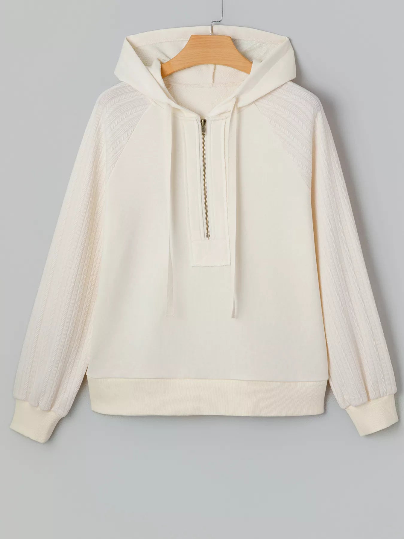 Solid Color Textured Sleeve Patchwork Half Zip Hoodie OutfitFlow