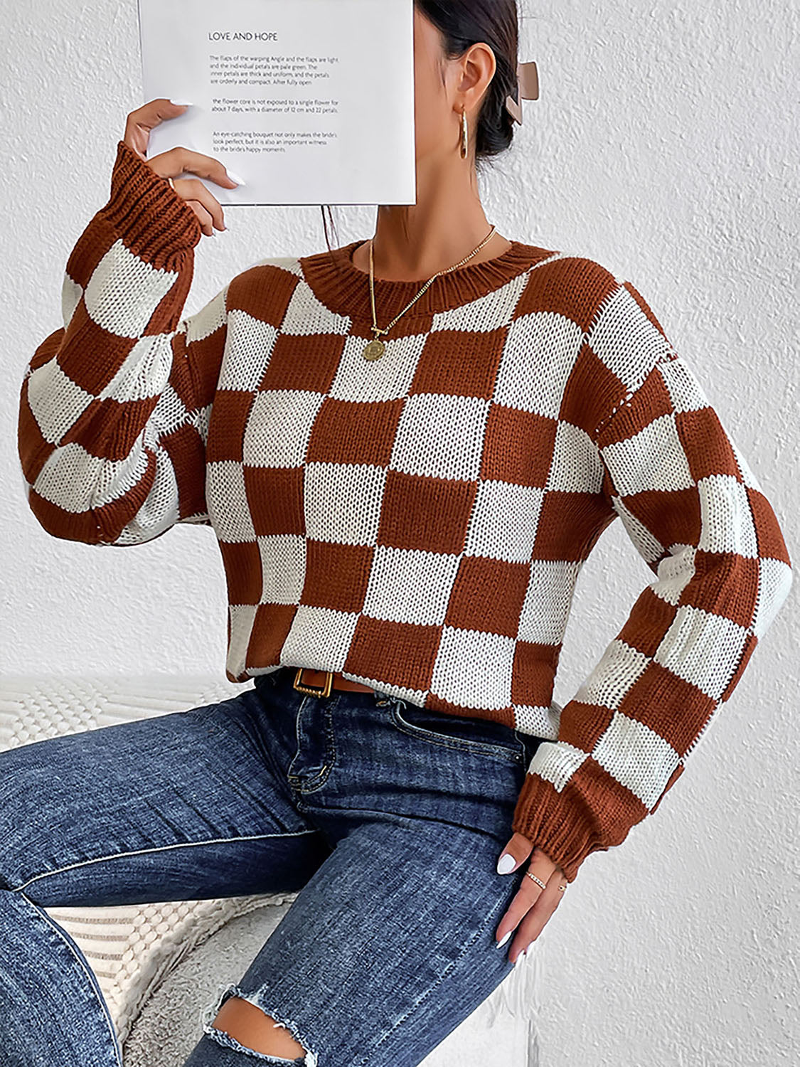 Checkered Round Neck Sweater OutfitFlow