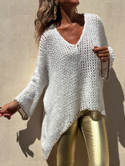 Contrast V-Neck Long Sleeve Sweater OutfitFlow
