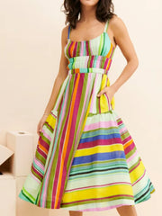 Colorful Striped Spaghetti Strap Midi Dress OutfitFlow