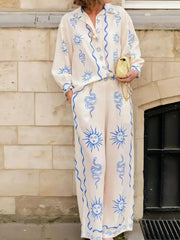 Printed Long Sleeve Shirt and Pants Set OutfitFlow