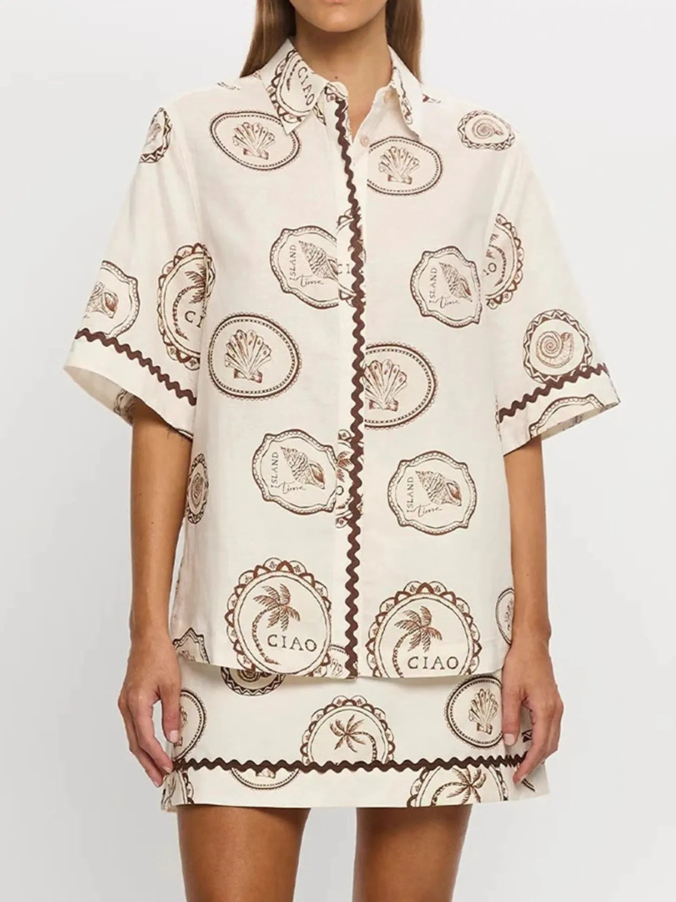 Printed Button Up Shirt and Skirt Set OutfitFlow