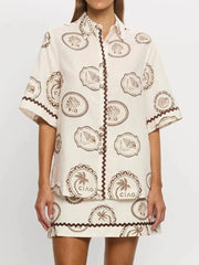 Printed Button Up Shirt and Skirt Set OutfitFlow