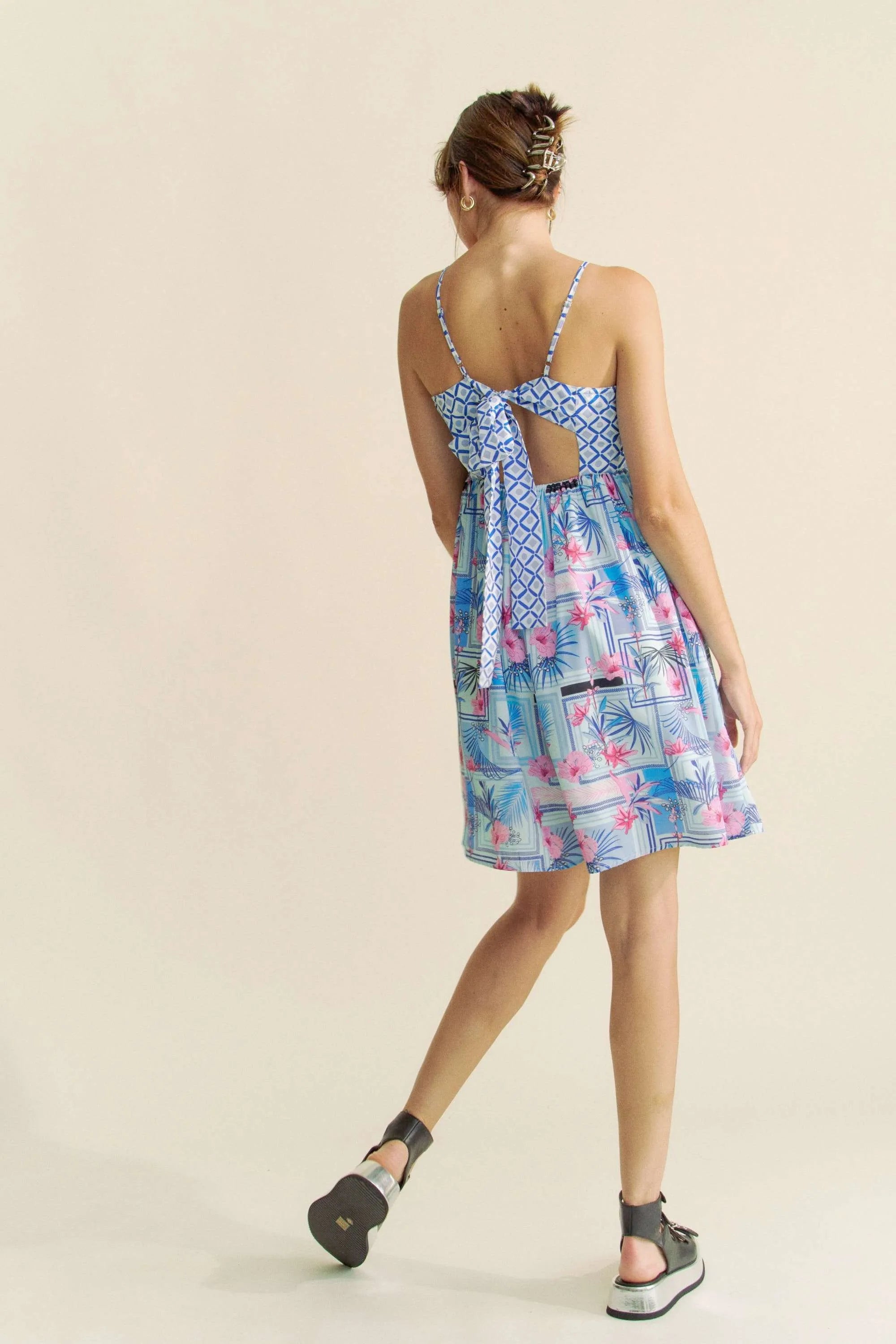 Davi & Dani Tropical Floral Geo Print Tie Back Tube Top Romper OutfitFlow