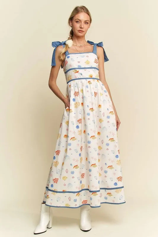 Davi & Dani Denim Binding Detail Smocking Summer Maxi Dress Denim Combo OutfitFlow