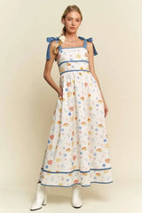 Davi & Dani Denim Binding Detail Smocking Summer Maxi Dress Denim Combo OutfitFlow