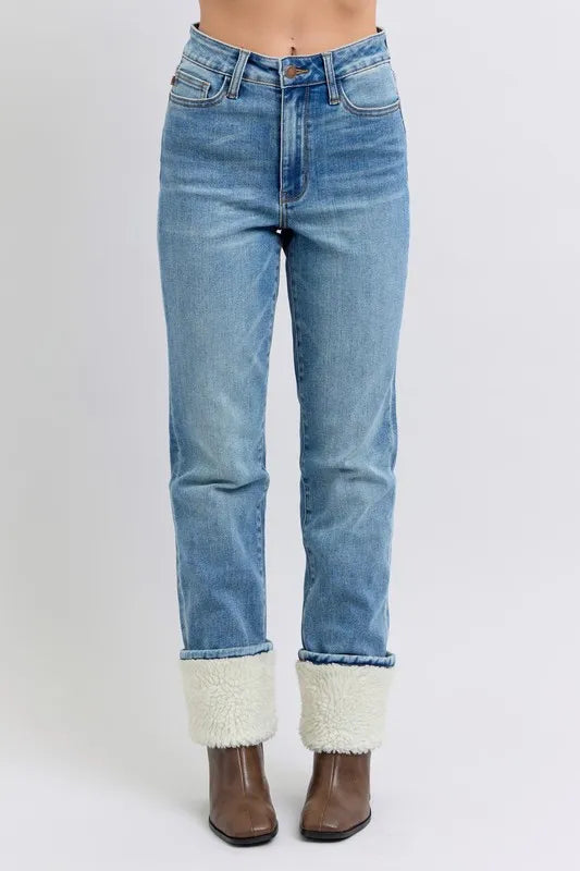 Judy Blue Full Size High Waist Shearling Cuff Straight Plus Size MD OutfitFlow