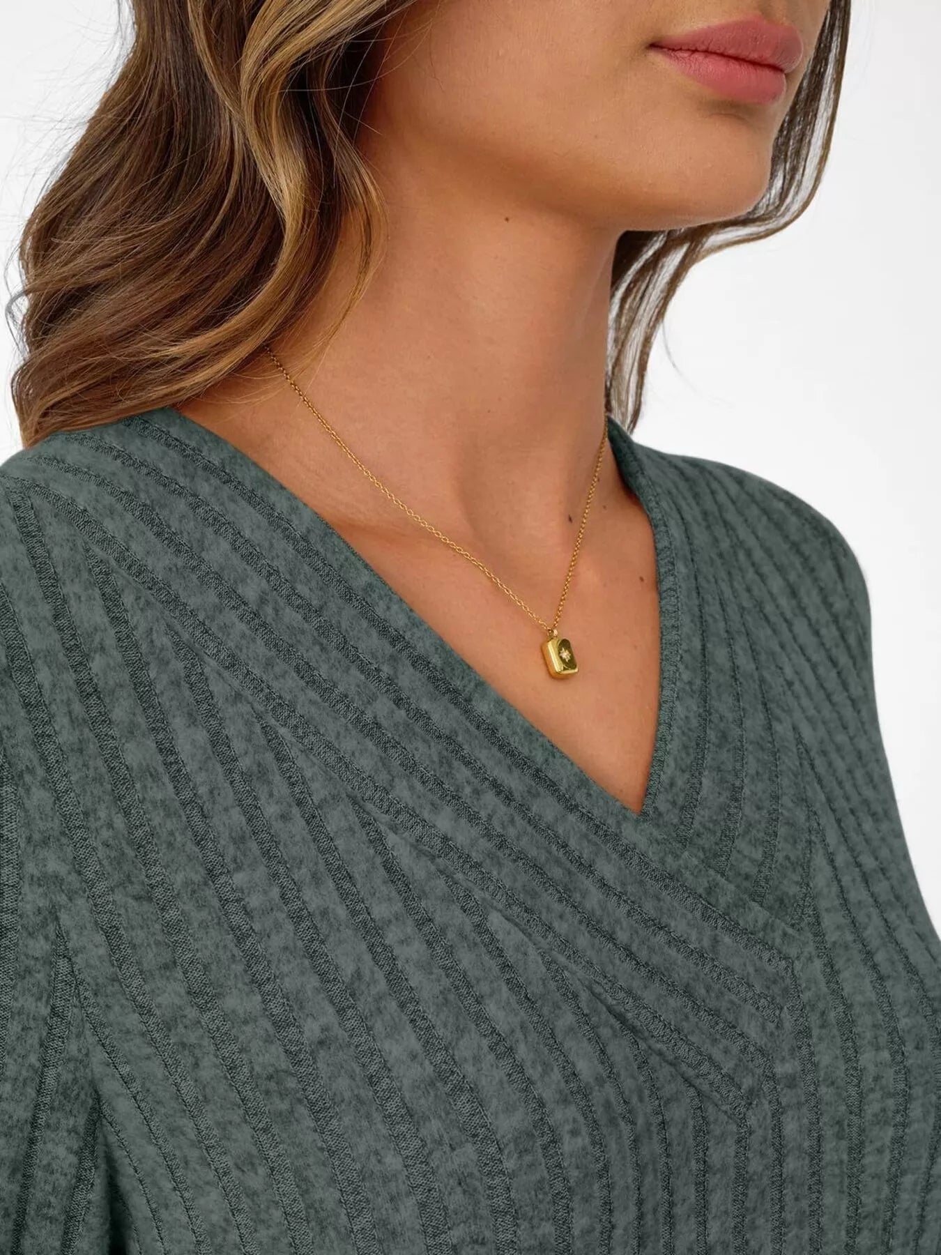 Ribbed Knit V-Neck Long Sleeve T-Shirt OutfitFlow