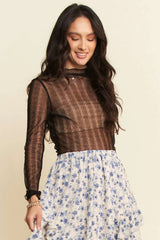 Davi & Dani Turtle Neck Lace Dotted Stretch Mesh Sheer Top OutfitFlow