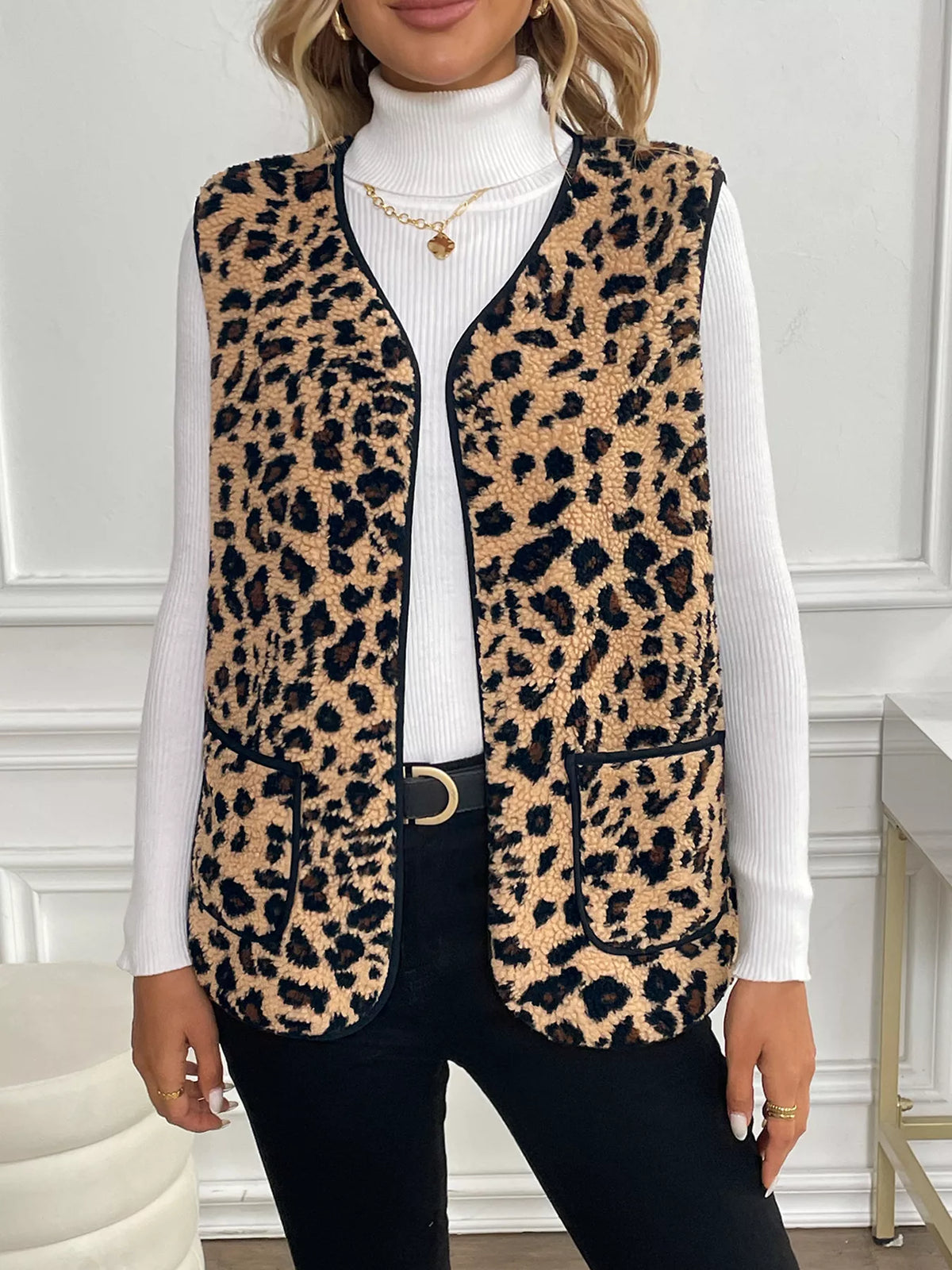Leopard Fleece Vest Coat with Pockets Coffee Brown Trendsi