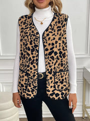 Leopard Fleece Vest Coat with Pockets Coffee Brown Trendsi