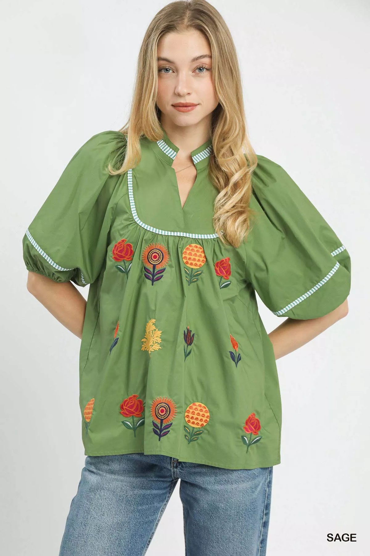 Umgee Embroidered Floral Puff Sleeve Top SAGE OutfitFlow