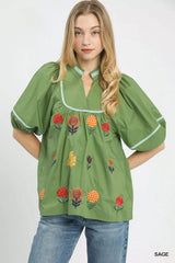Umgee Embroidered Floral Puff Sleeve Top SAGE OutfitFlow