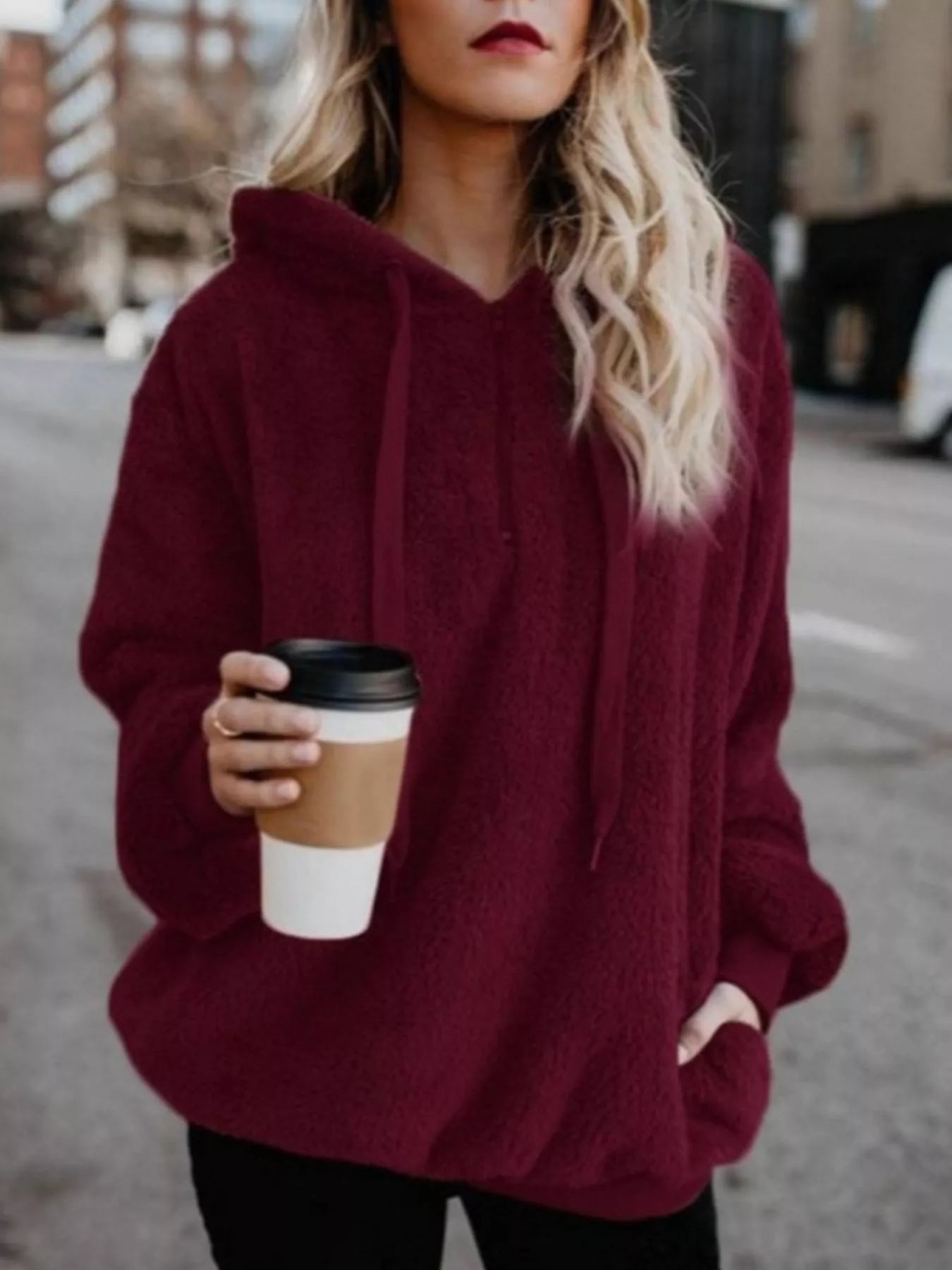 Full Size Half Zip Drawstring Fleece Hoodie Plus Size Burgundy OutfitFlow