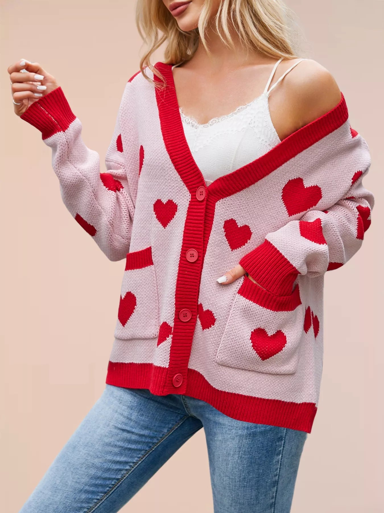 Heart Pattern Button-Up Knit Cardigan OutfitFlow