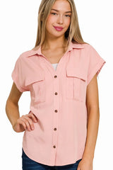 Zenana Tencel V-neck Collared Top W Front Flap Pockets OutfitFlow