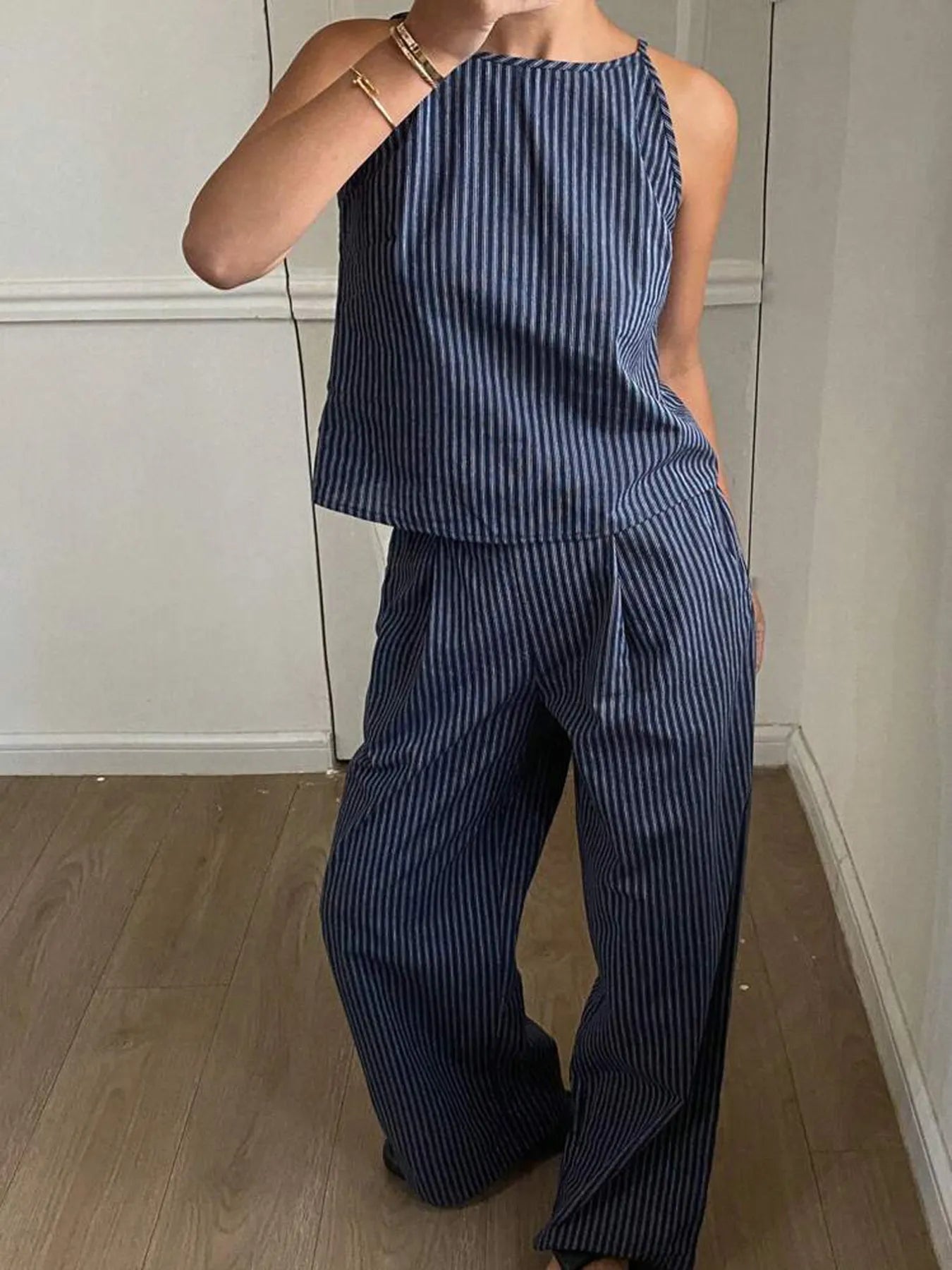 Striped Round Neck Tank and Wide Leg Pants Set OutfitFlow
