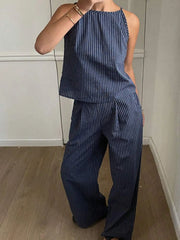 Striped Round Neck Tank and Wide Leg Pants Set OutfitFlow