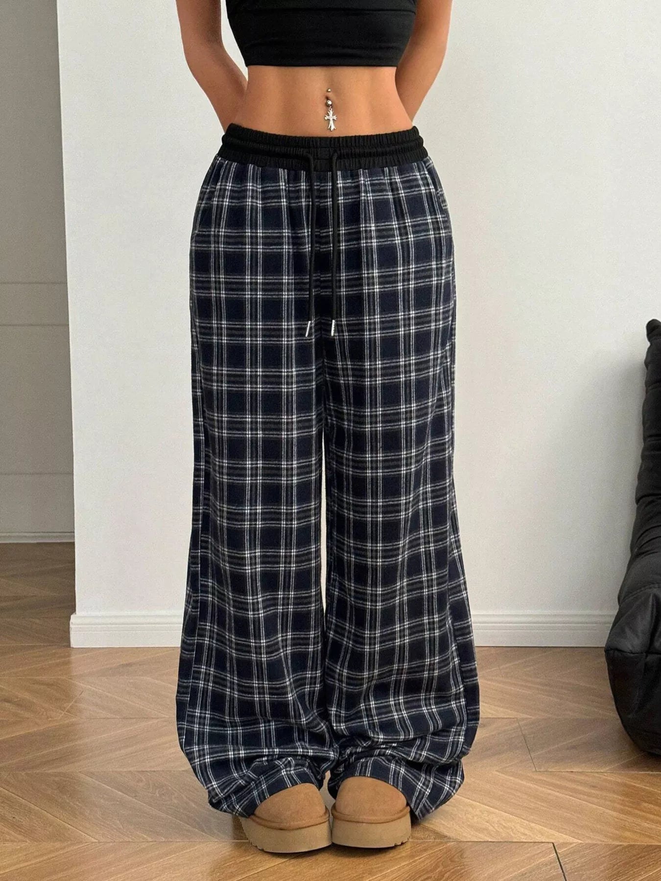 Plaid Wide-Leg Pants with Elastic Waistband Navy OutfitFlow