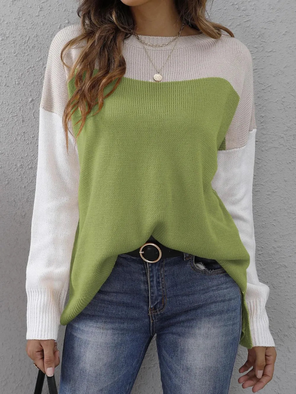 Color Block Round Neck Sweater Lime OutfitFlow