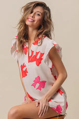 BiBi Bow Printed Woven Ruffled Sleeves V Neck Top OutfitFlow