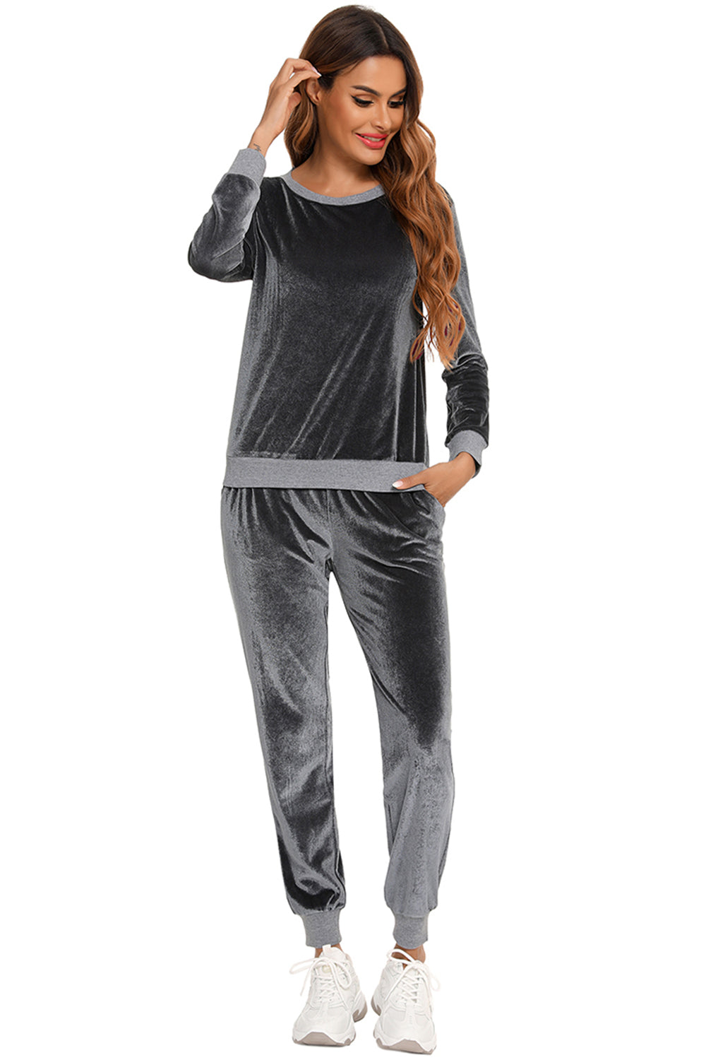 Outfit Flow - Round Neck Long Sleeve Loungewear Set with Pockets