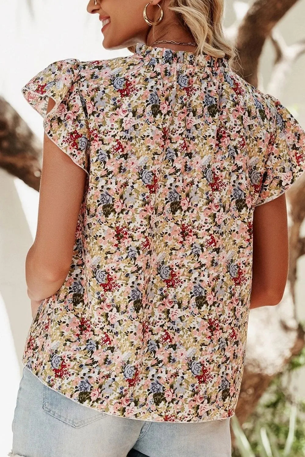 Floral Print Ruffle Cap Sleeve Blouse OutfitFlow