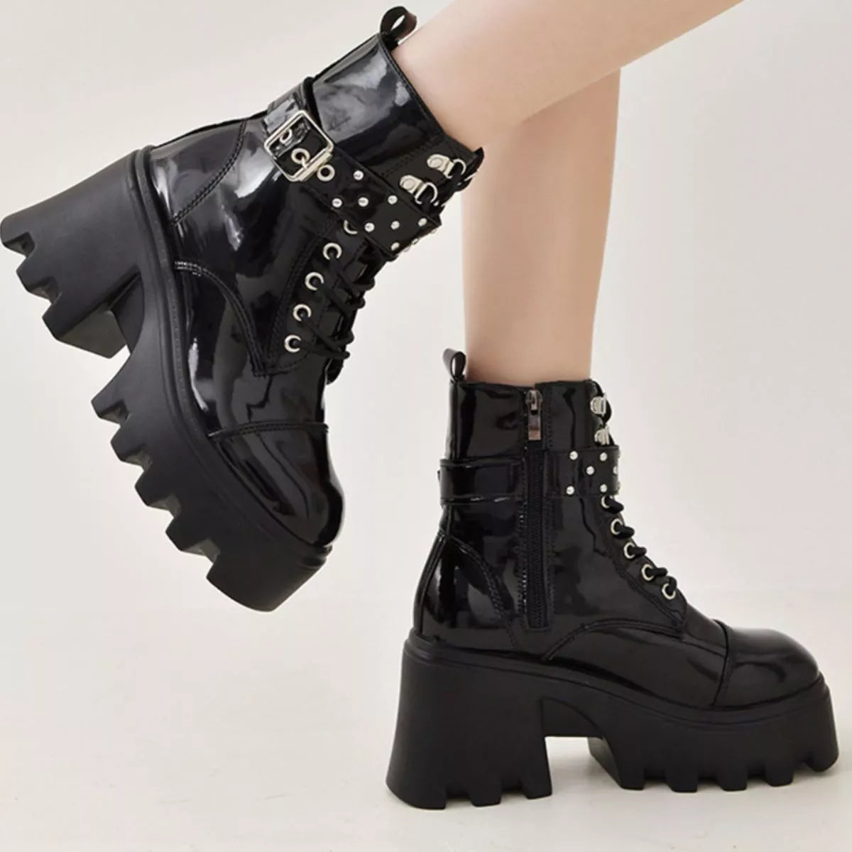 Platform Ankle Boots with Buckle and Studded Detail OutfitFlow
