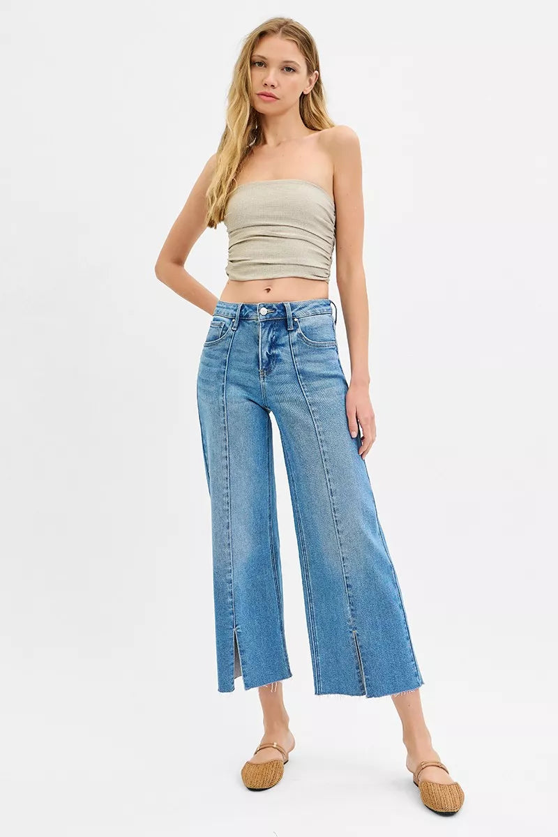 RISEN Tummy Control Mid Rise Crop Wide Front Slit Jeans OutfitFlow