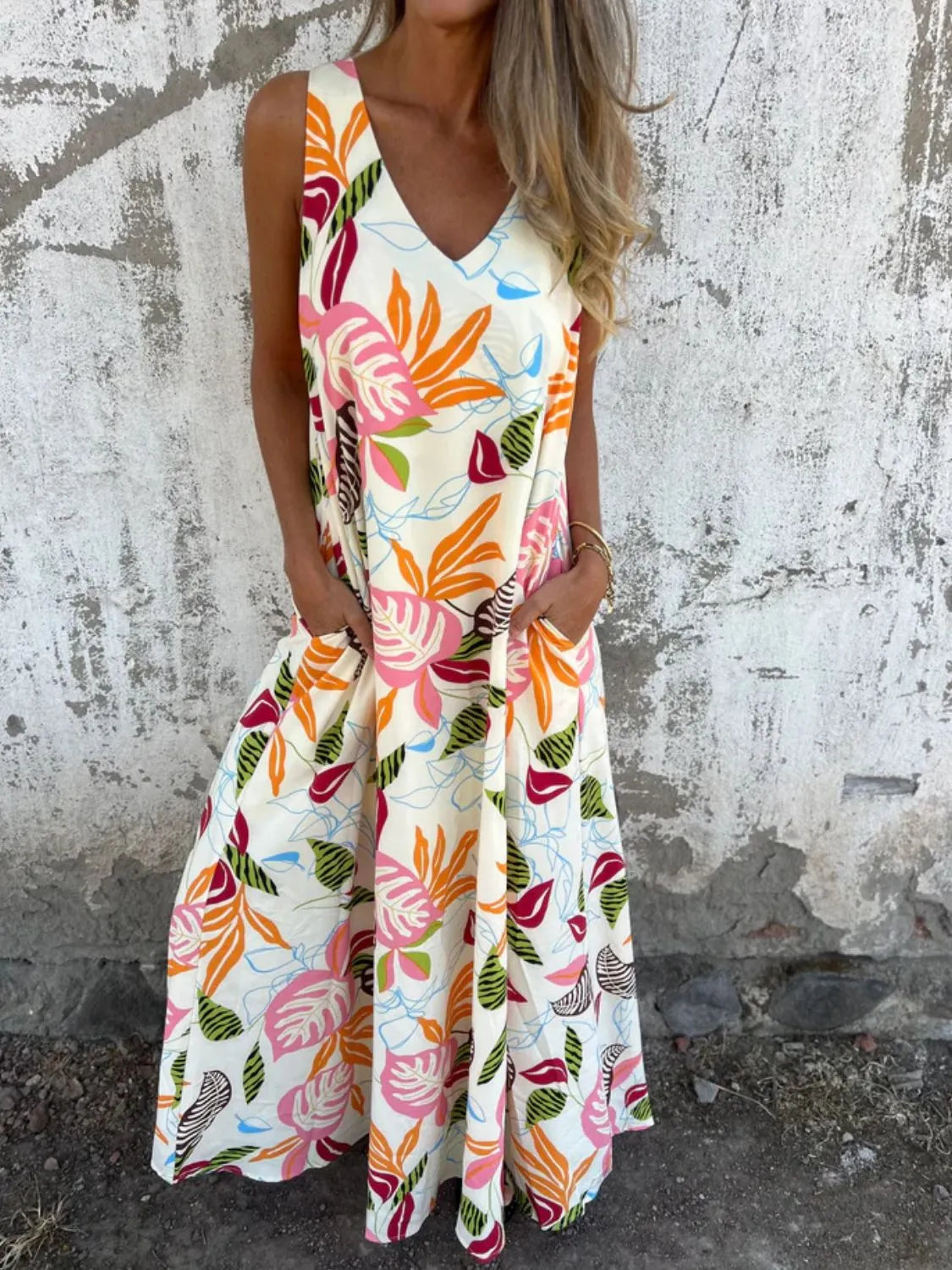 Full Size Printed V-Neck Sleeveless Dress Plus Size Tangerine OutfitFlow