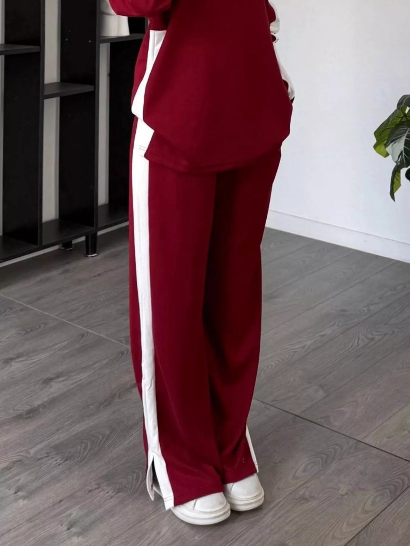 Full Size Contrast Round Neck Top and Pants Set Plus Size OutfitFlow