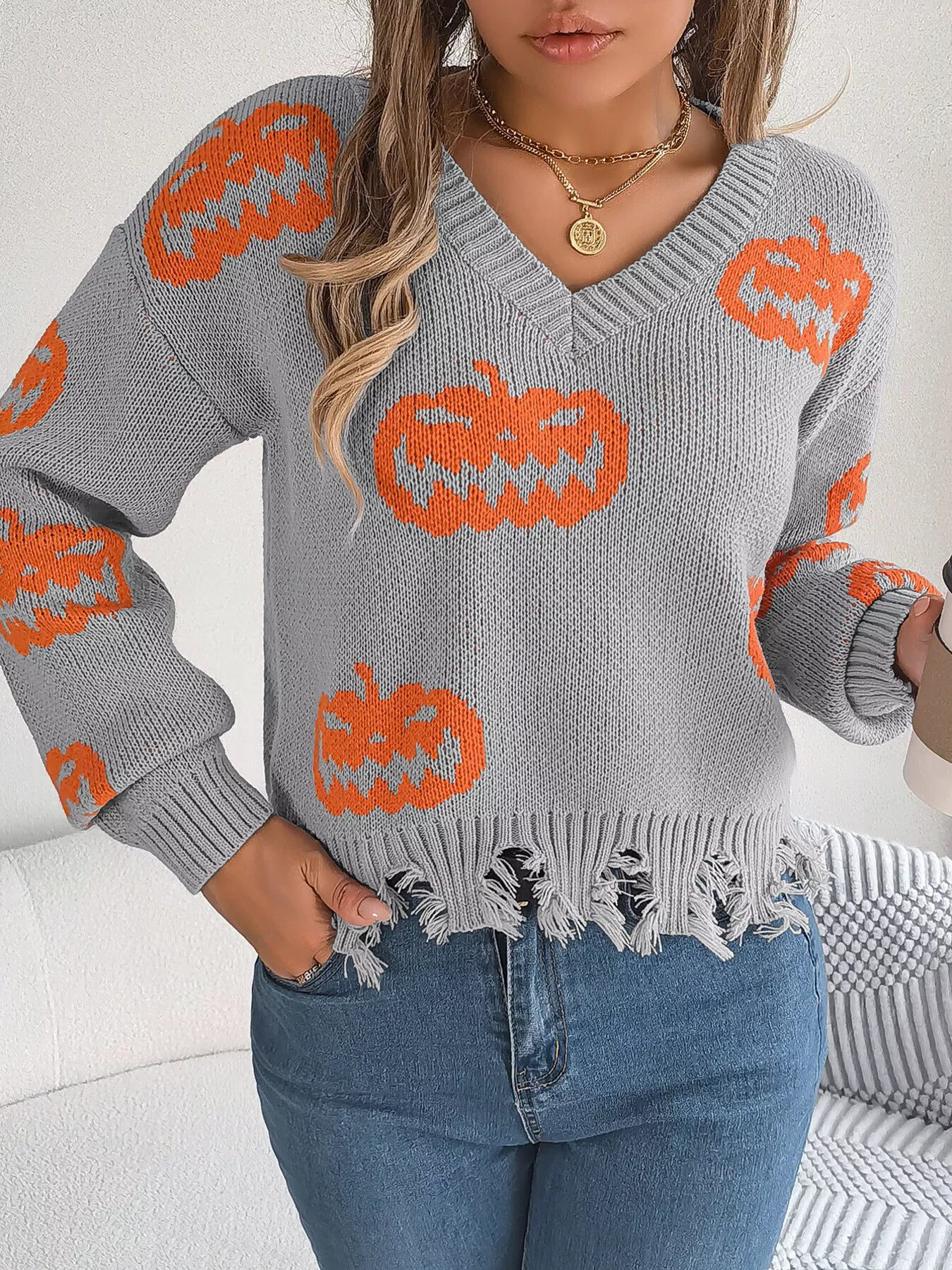 Halloween Pumpkin Pattern Raw Hem V-Neck Sweater OutfitFlow