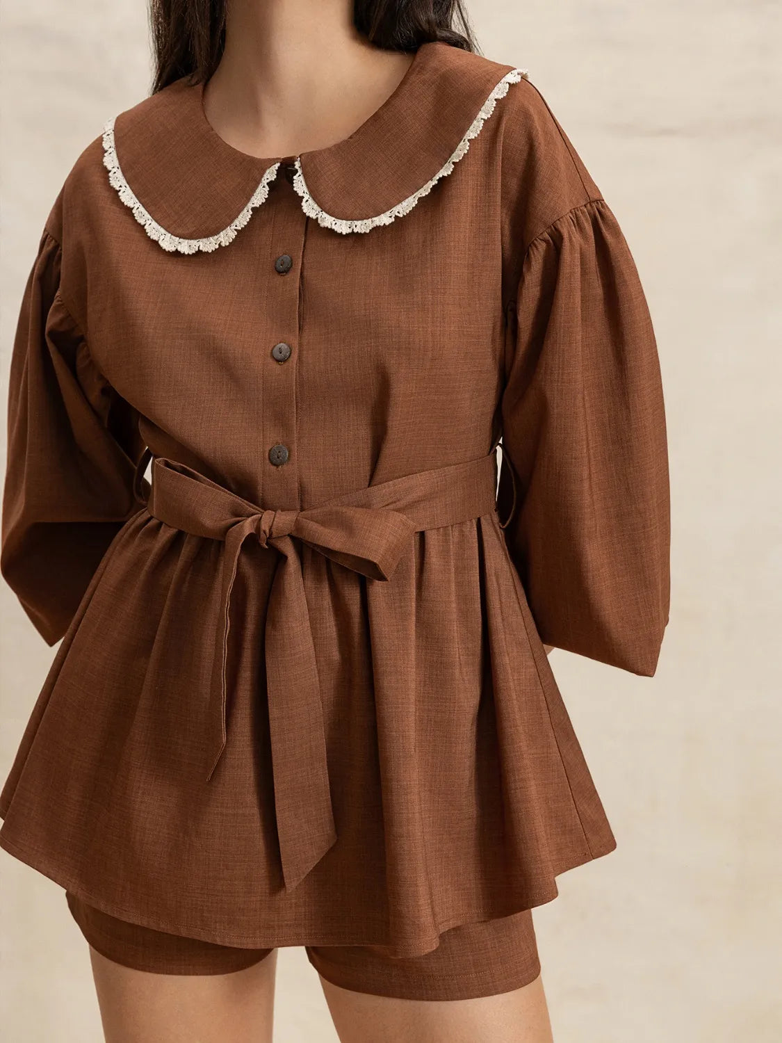 Peter Pan Collar Balloon Sleeve Top and Shorts Set OutfitFlow