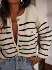 Striped Button-Front Cardigan Beige Trendsi