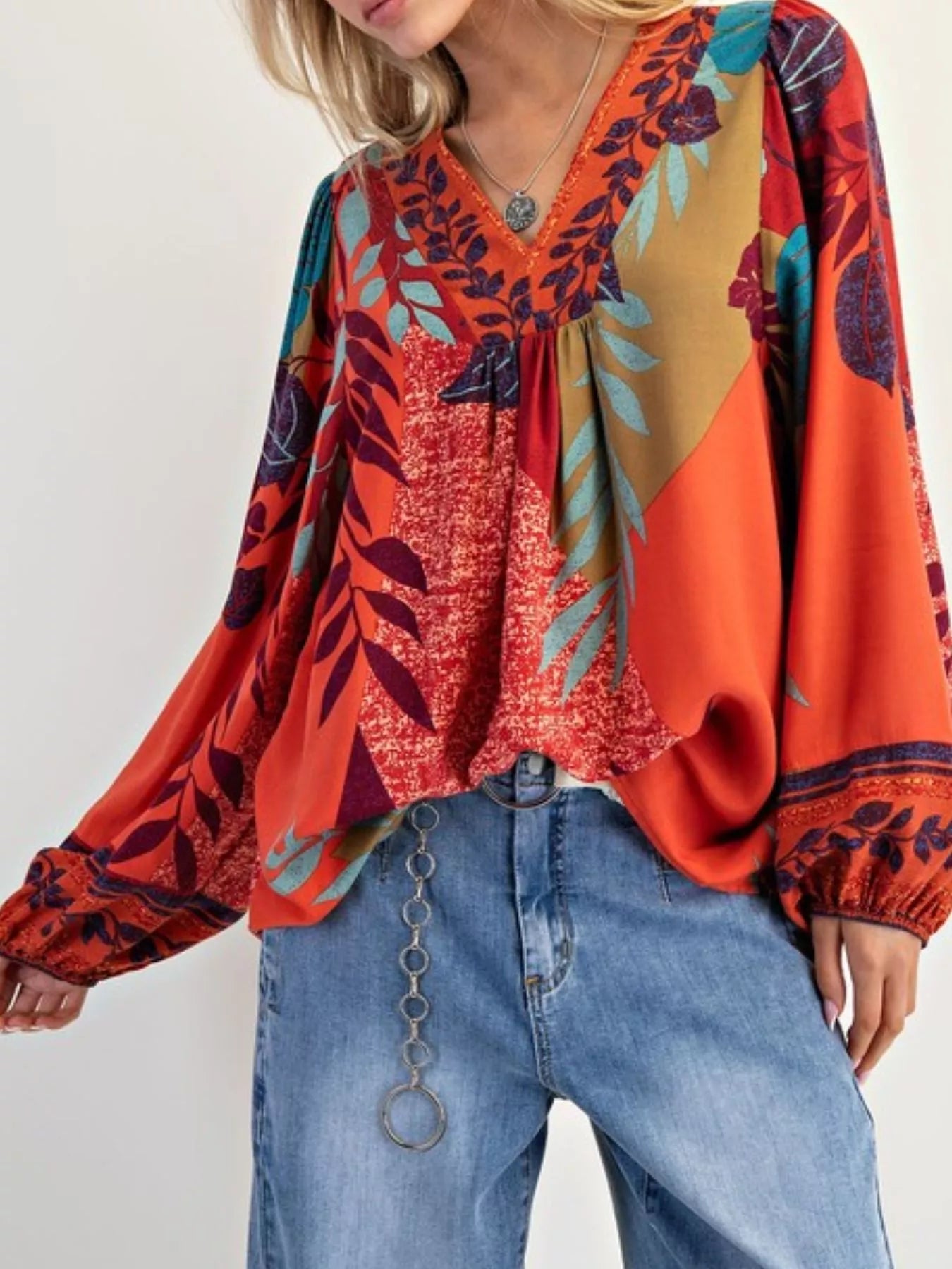 Tropical Print Balloon Sleeve Blouse Red OutfitFlow