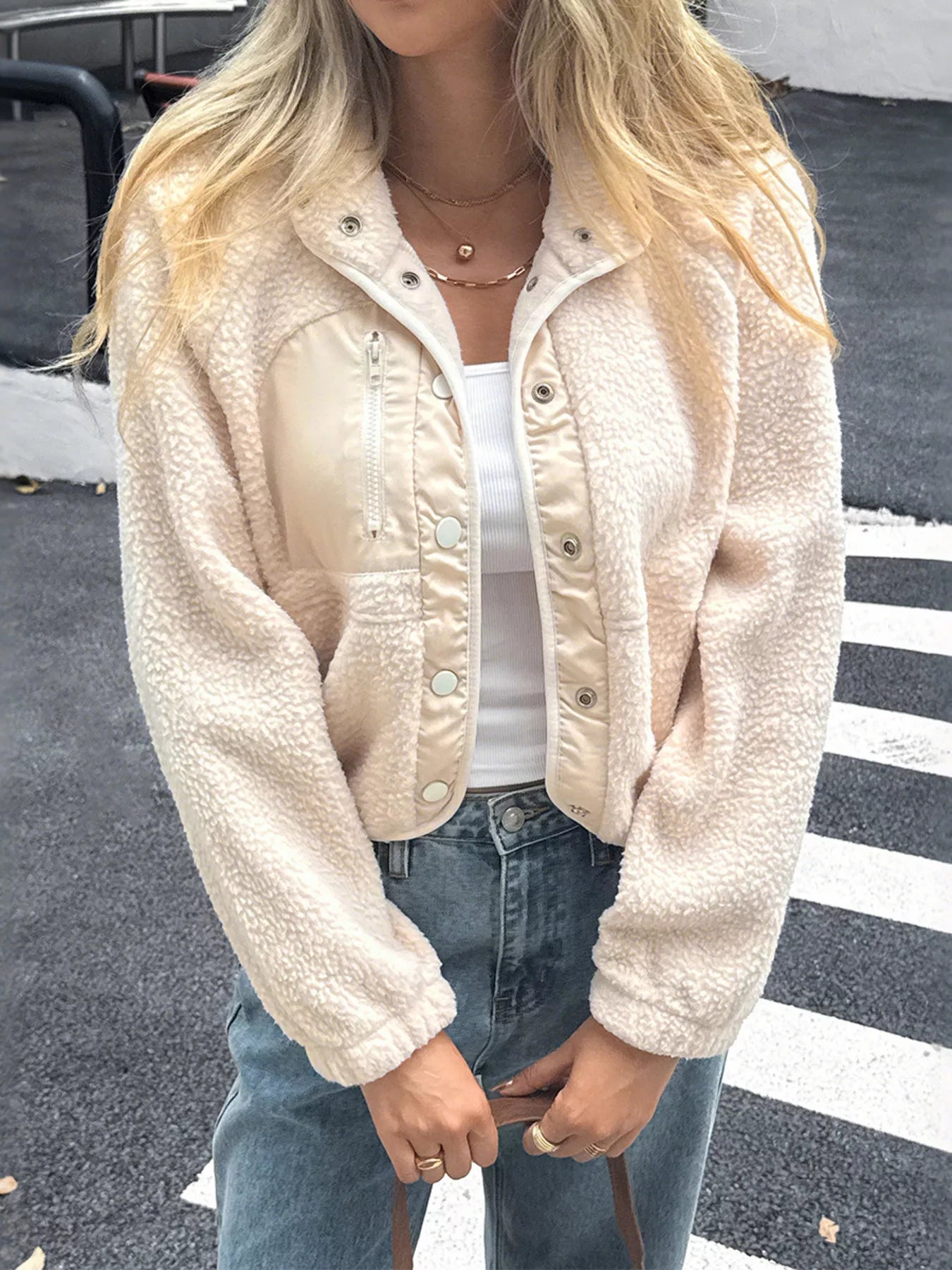 Snap Down Raglan Sleeve Jacket Ivory OutfitFlow