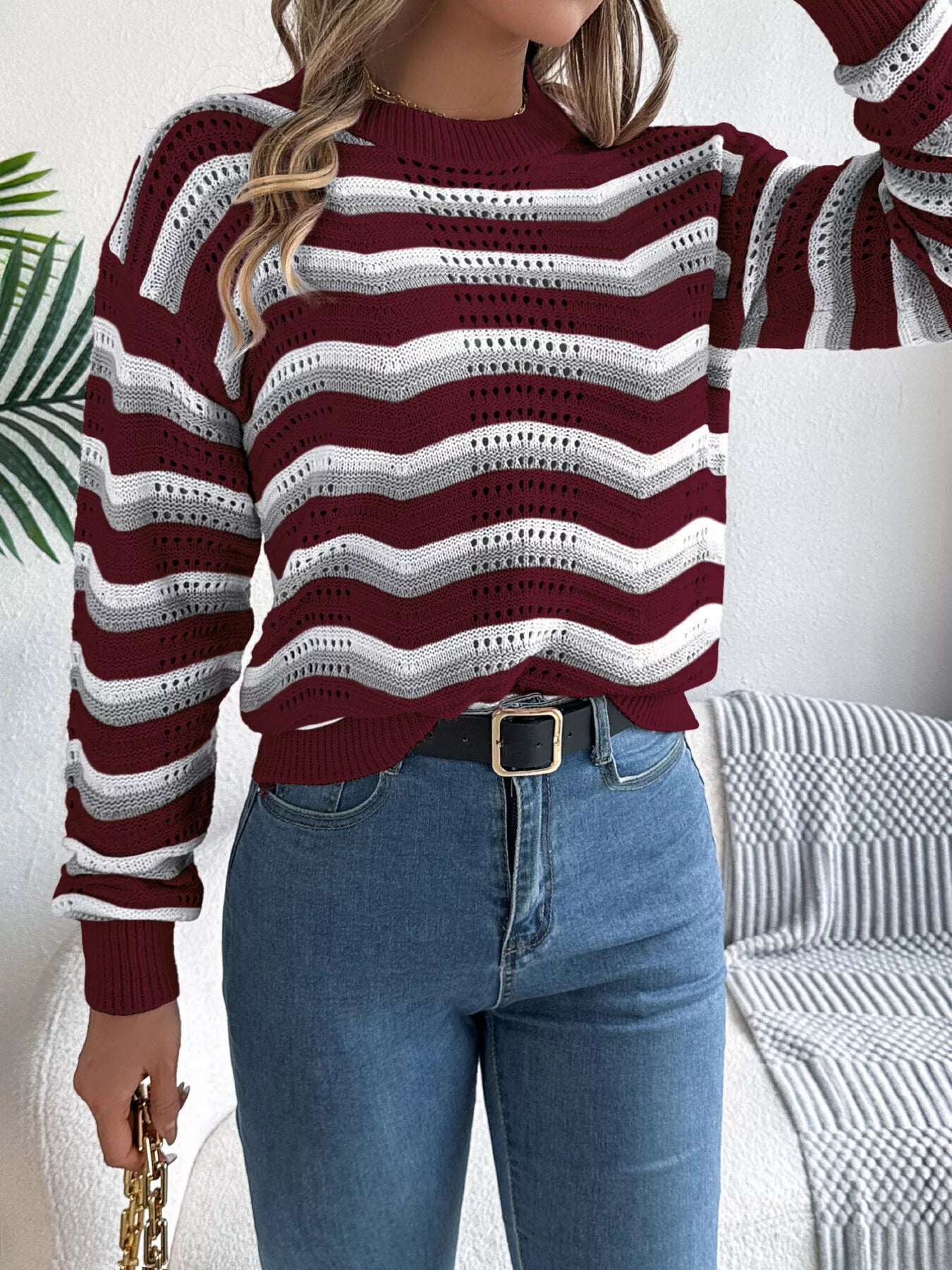 Striped Round Neck Long Sleeve Sweater OutfitFlow