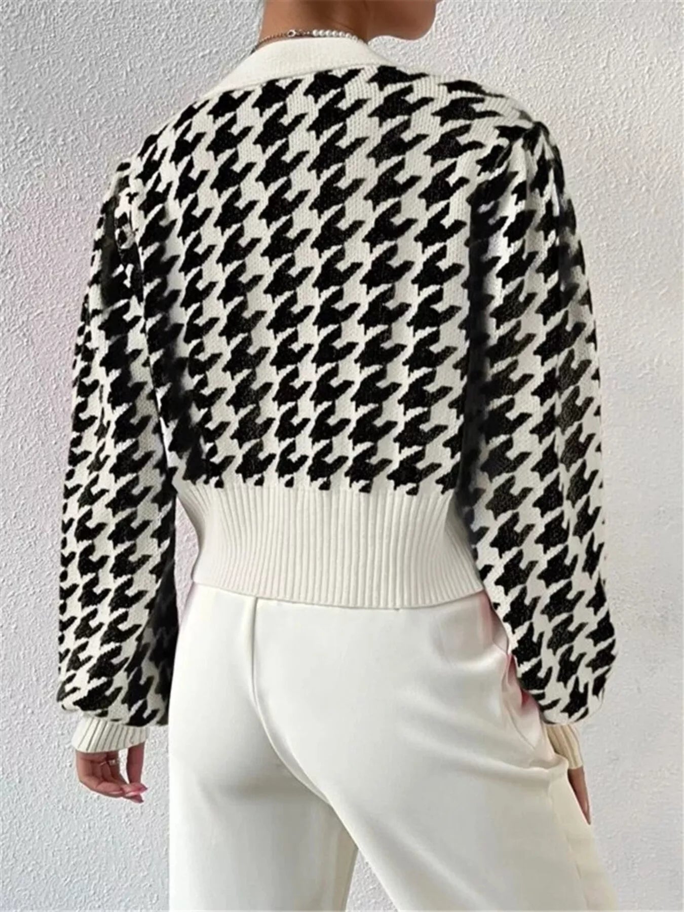 Houndstooth V-Neck Button Up Cardigan OutfitFlow