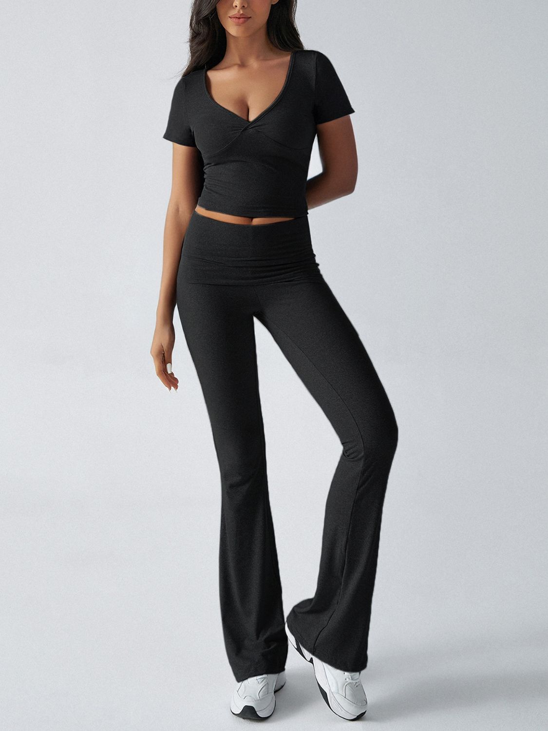 Devine Short Sleeve Top and Bootcut Legging Set Black OutfitFlow