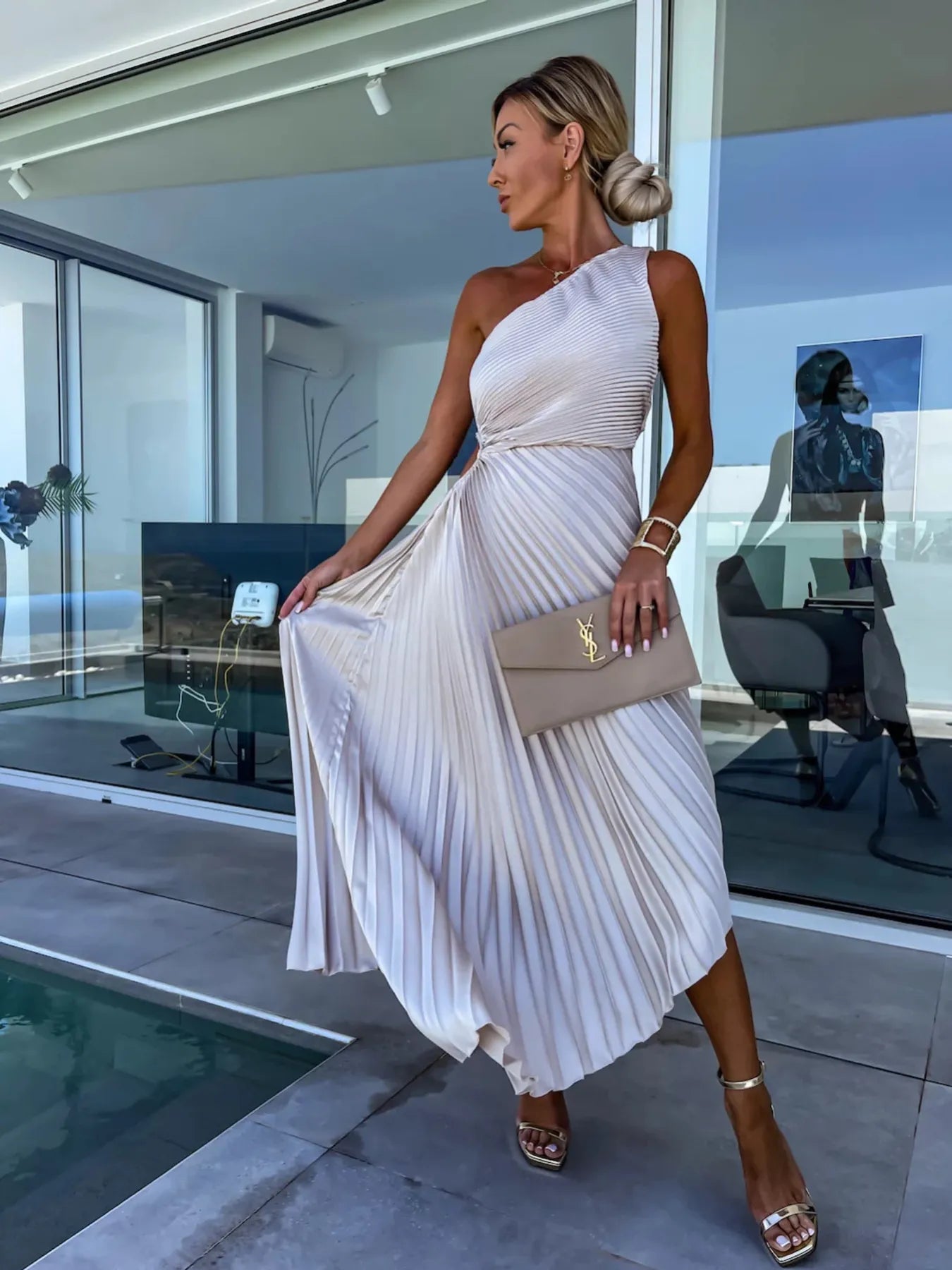 Full Size Single Shoulder Pleated Midi Dress Plus Size OutfitFlow