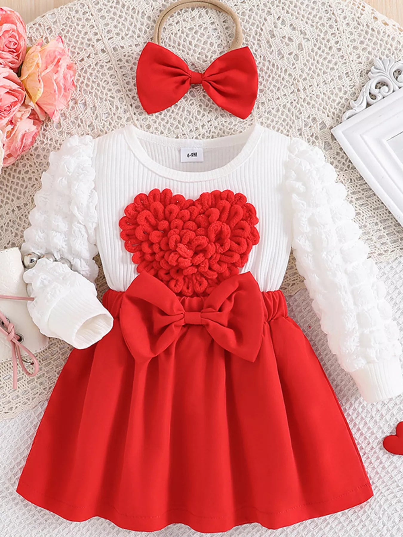 Children's Heart Bowknot Decor Dress with Headband Trendsi