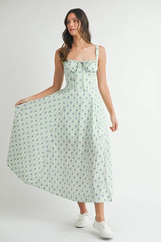 MABLE Floral Print Bustier Back Lace Up Midi Dress OutfitFlow
