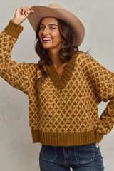 SO ME Color Block Textured Christmas Sweater V Neck Top OutfitFlow