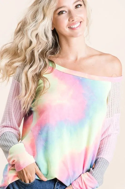 BiBi Tie Dye Terry Top with Color Block Pointelle Knit OutfitFlow