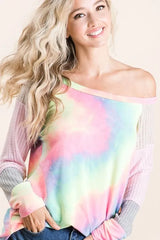 BiBi Tie Dye Terry Top with Color Block Pointelle Knit OutfitFlow