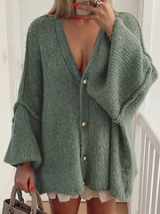 Oversized Knit Button Up Cardigan Army Green OutfitFlow